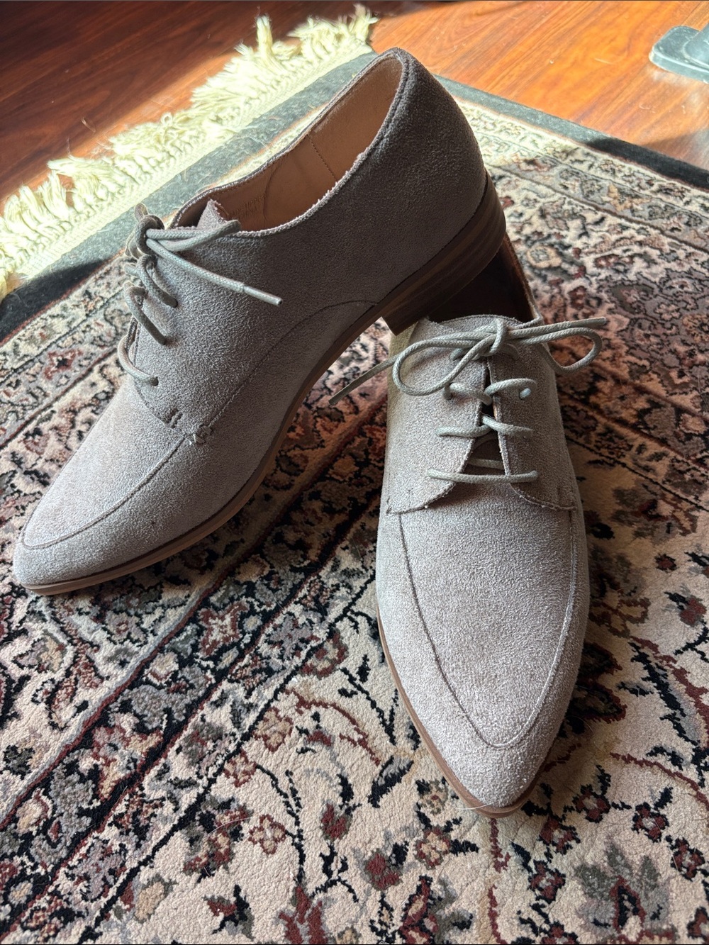 Pointed-Toe Suede Lace-Up Flats in Light Taupe